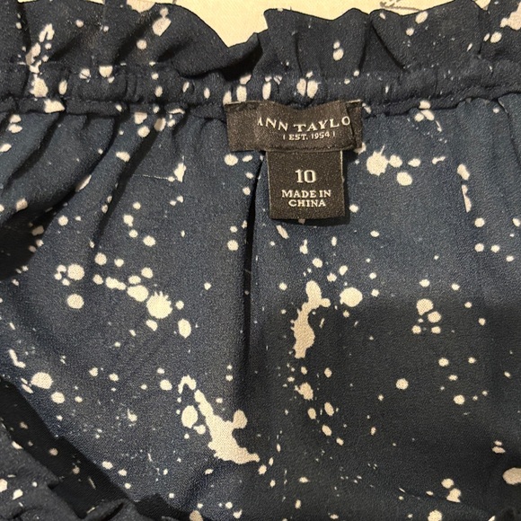Ann Taylor Navy and White Splatter Blouse Button Detail &Subtle Ruffle Neckline - Picture 3 of 7